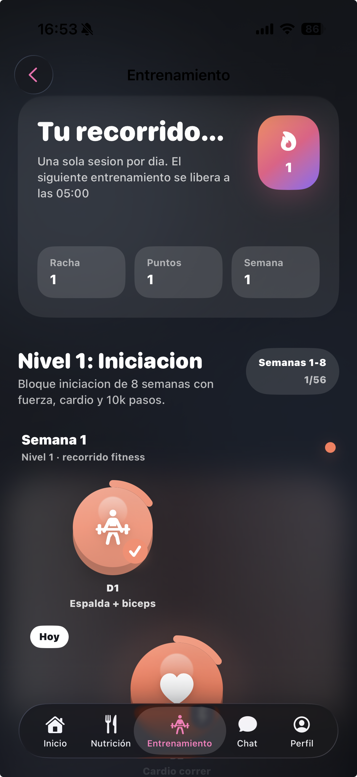 Pantalla de entrenamiento guiado en la app Aurena